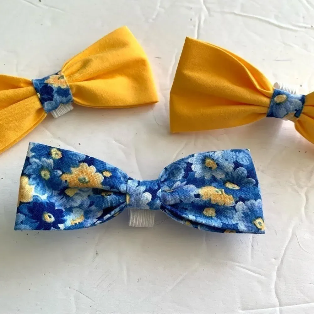 Handmade Set of 3 Dog Bows for Collar Blue & Yellow Floral 4 x 2 inches